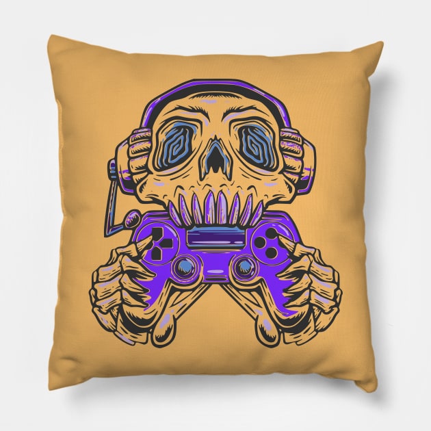 A skull gamer holding a  purple joystick controller and wearing headphone. Pillow by Semenov