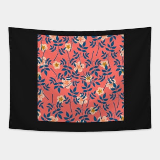 Blue leaf and florals on coral Tapestry
