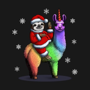 Santa Sloth Riding Llama Unicorn T-Shirt
