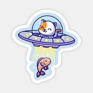 Cute Cat Catching Fish With Ufo Cartoon Magnet