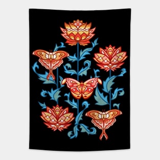 Mid-Century Moth Damask - Moody Midnight Tapestry