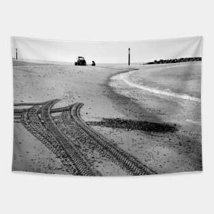 Tractor tracks in the sand on the beach at Sea Palling, Norfolk, UK Tapestry