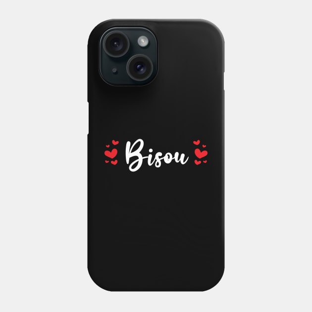 Bisou French White Typography With Red Hearts Phone Case by Pixel On Fire