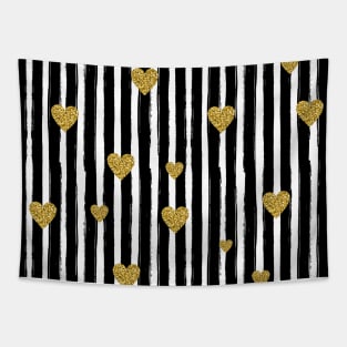 Glitter Chic Pattern 02 | Black Lines with gold hearts Tapestry
