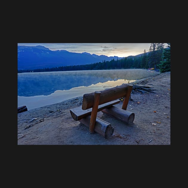 Cavell Lake Wooden Bench Morning Jasper National Park Fall Leaves by WayneOxfordPh