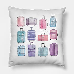 Watercolor luggages | baggages | bags. Hand drawn with ink and watercolos Pillow