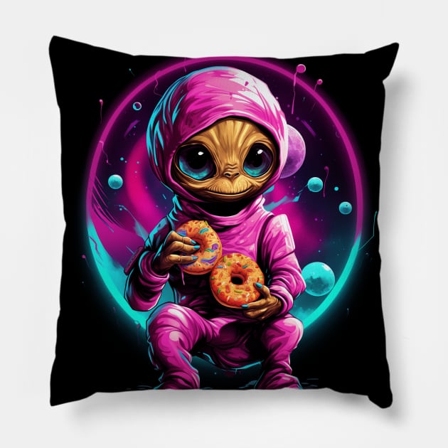 Cute Alien Eating Doughnuts Pillow by TNM Design