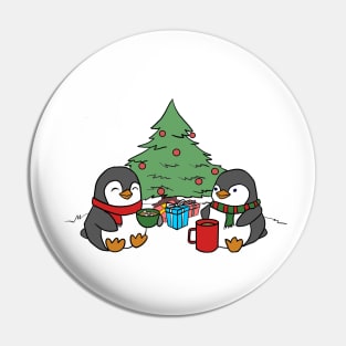 Christmas Penguins Enjoying Hot Cocoa with Christmas Tree v2 Pin