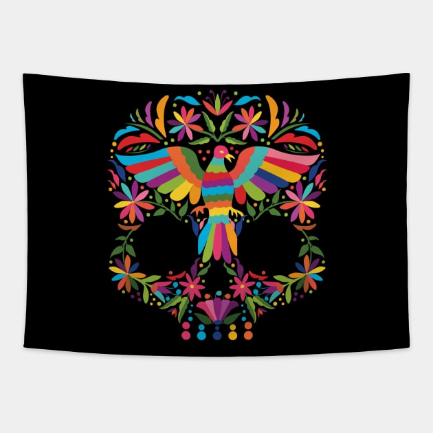 Mexican Otomí Skull Design (Black Background) Tapestry by Akbaly