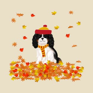 Tri Color Cavalier King Charles Spaniel in Autumn Leaves T-Shirt