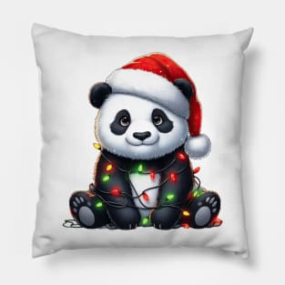 Panda Bear Wrapped In Christmas Lights Pillow