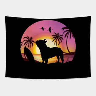 Summer for French lovers, French bulldog and beach, sunset, plam tree, surfing Tapestry