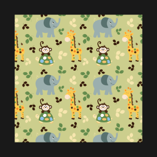 Jungle Safari Giraffe, Monkey, Turtle, Elephant Pattern T-Shirt