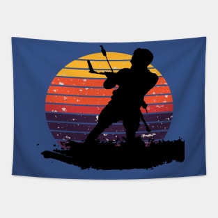 Kitesurfing Enthusiast Riding A Wave Silhouette Retro Sunset Tapestry