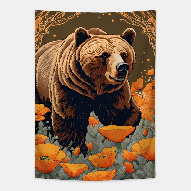 Bear Plodding Through Orange Californian Poppies Tapestry by taiche