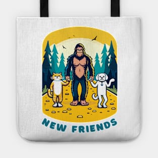 Big Foot Sasquatch becomes friends with a cat and a dog, funny t-shirt for lovers of cats, dogs and the outdoors. Tote