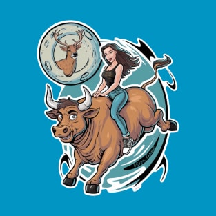 Vixen Hotwife Riding Bull with Stag Moon T-Shirt