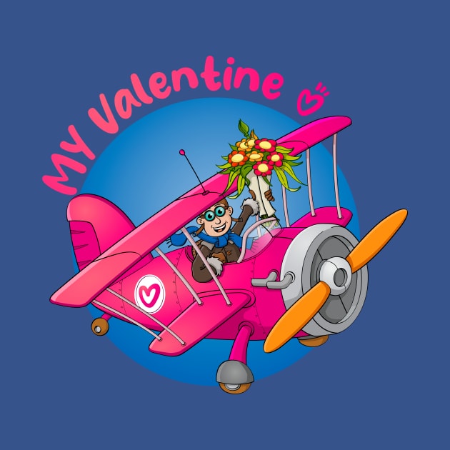 “My valentine” drawing of a pilot in an airplane with flowers by Stefs-Red-Shop