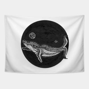 Hand inked whale with moon and northern light in the deep black ocean Tapestry