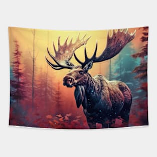 Moose Animal Wildlife Wilderness Colorful Realistic Illustration Tapestry