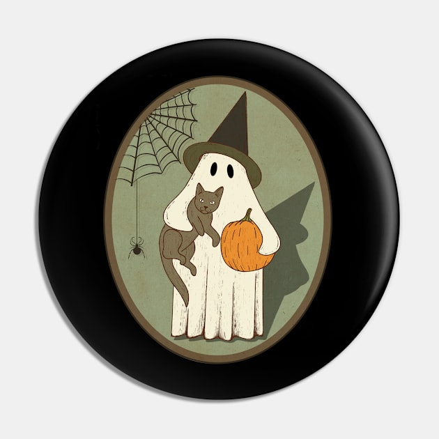 Vintage Ghost with Cat Halloween Graphic Pin by gogo-jr