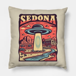 Vintage Retro Sedona UFO Art - Quirky Extraterrestrial Illustration Pillow