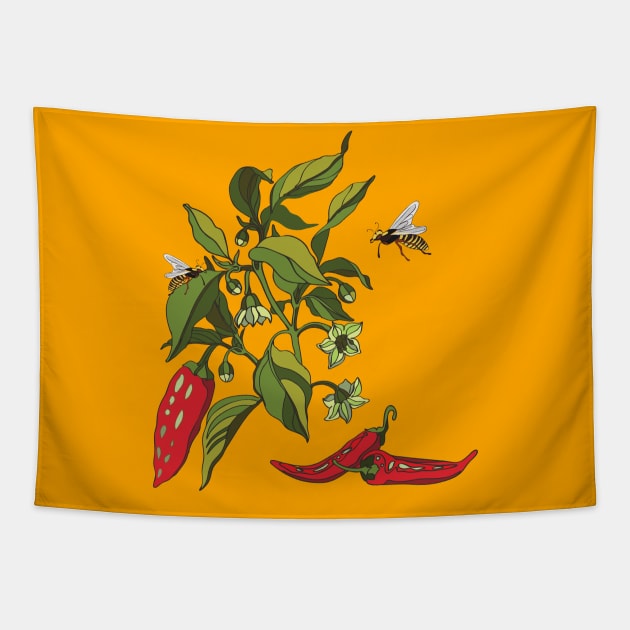 Botanical illustration of the plant Cayenne pepper and wasps Tapestry by EEVLADA