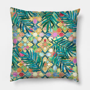 Muted Moroccan Mosaic Tiles with Palm Leaves Pillow