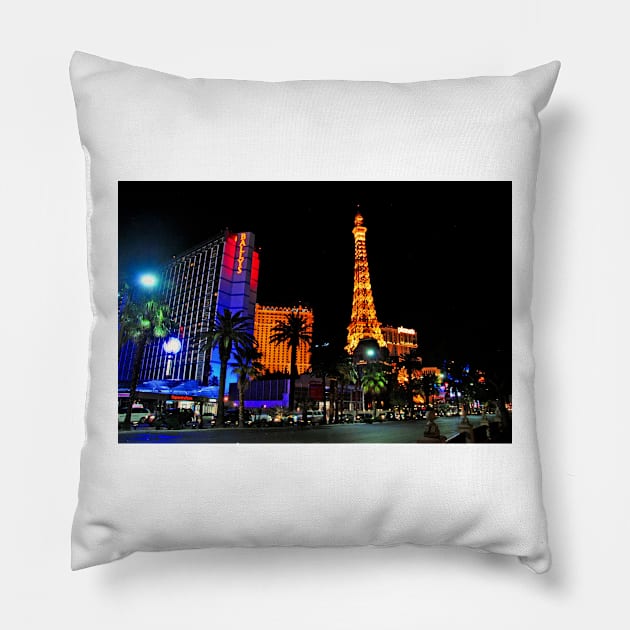 Eiffel Tower Paris and Ballys Hotel Las Vegas America Pillow by AndyEvansPhotos