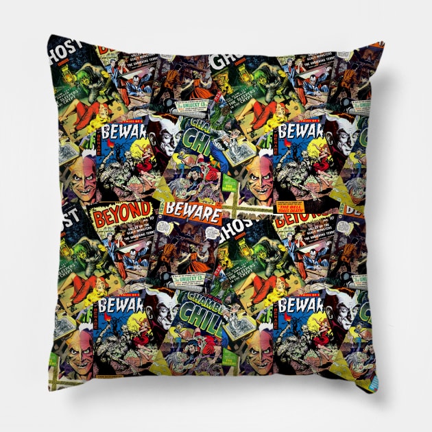 Vintage Retro Horror Comic Book Covers 50's and 60's Pillow by Joaddo