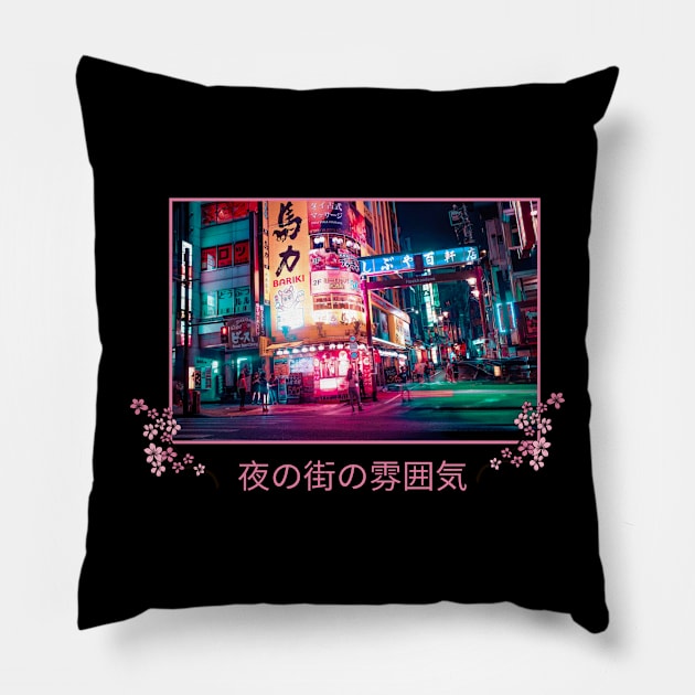 Japanese Night Life Pink Aesthetic Design Pillow by Ampzy
