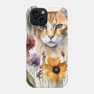 Watercolor Cat With Pressed Wild Flowers Phone Case