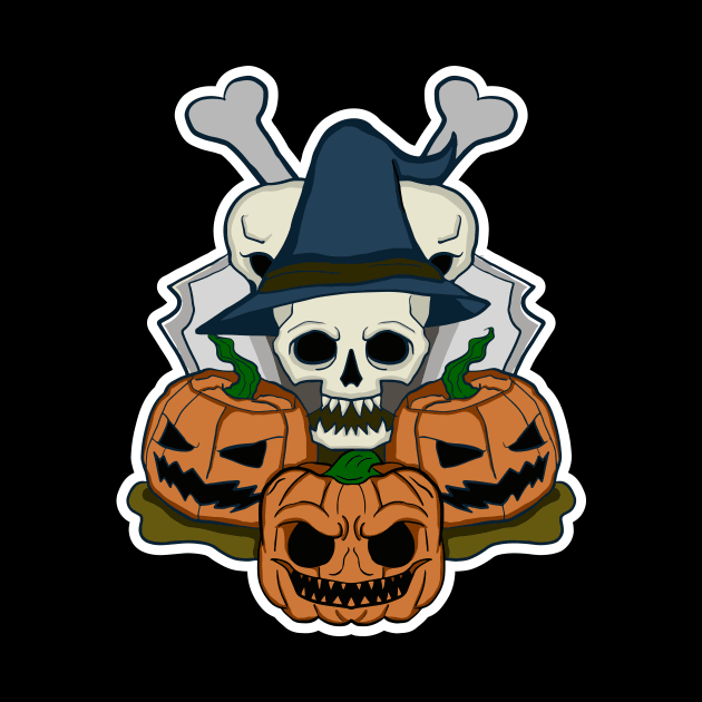 Halloween : Skull with Hat Wizard and Pumpkin Emoji by DreamProject