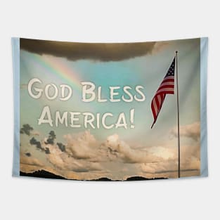 Rainbow Beaming Down on Flag God Bless America Tapestry