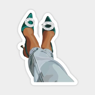 Emerald green stain shoes with a diamanté's brooch worn with boyfriend jeans Magnet