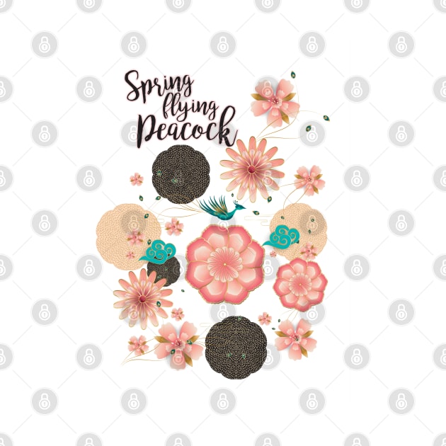 Floral Ornament, Flying Peacock Spring Peach Garden, Decorative Pink Flowers, blossom sakuras BOHO by sofiartmedia