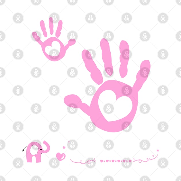 Baby girl hand prints arrival card with heart and elephant by GULSENGUNEL