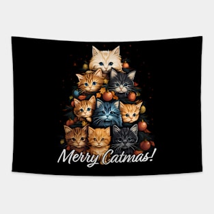 Merry Catmas! Cute Kitten Christmas Tree, Cat Xmas Tapestry