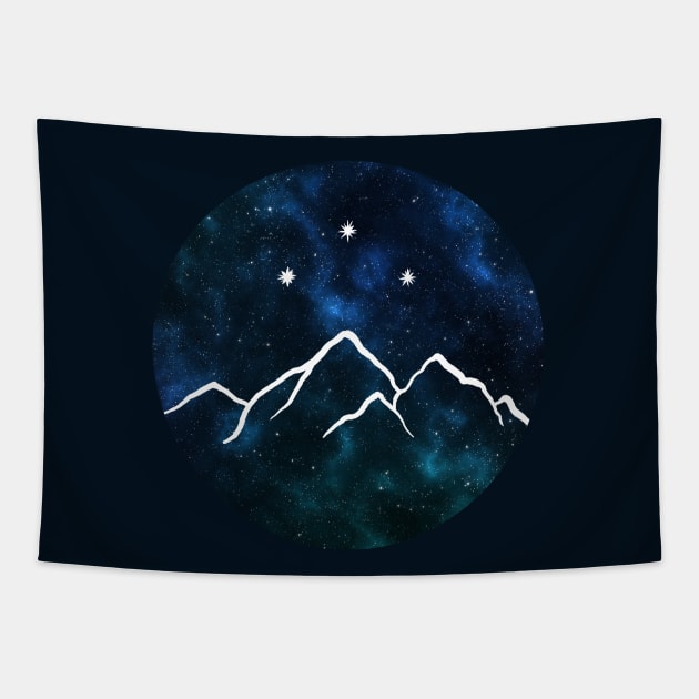 Night court - mountain and stars drawn on galaxy background Tapestry by Ranp