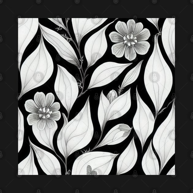 Black and White Vintage Floral Cottagecore Gothic Romantic Flower Peony Rose Leaf Design by VintageFlorals