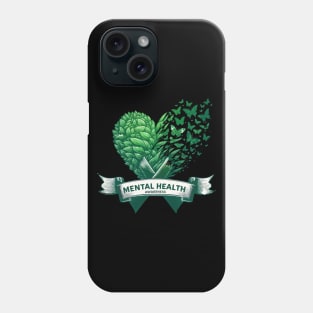 Mental Health Awareness Green Nature Heart Butterflies Ribbon Phone Case