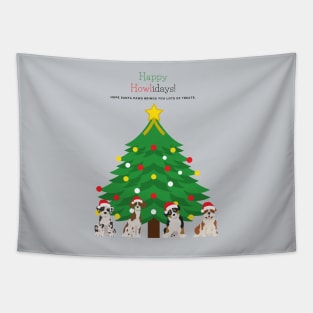 Happy Howlidays with Christmas Tree and Santa Puppies (Great Dane, Australian Shepherd, Brittany Spaniel and English Bulldog) Tapestry