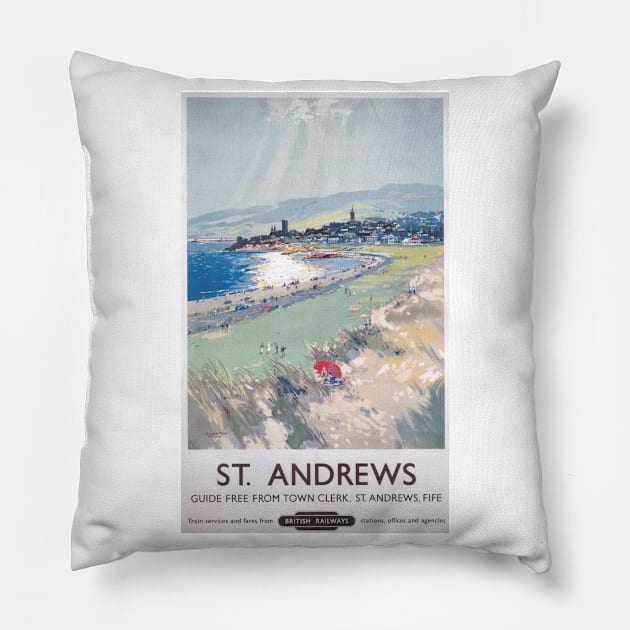 St Andrews, Scotland - BR, ScR - Vintage Railway Travel Poster - 1950s Pillow by BASlade93