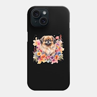 A pekingese decorated with beautiful watercolor flowers Phone Case