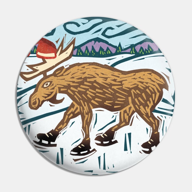 Skating Xmas Moose Pin by Sue Todd Illustration