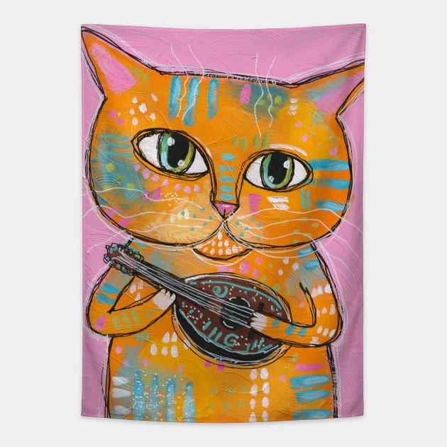 Cat With A Ukulele Tapestry by KilkennyCat Art