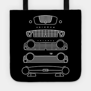 Triumph TR evolution classic 1950s-1960s British sports cars white outline graphic Tote