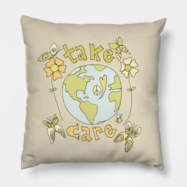 take care spread peace and love all over the earth // art by surfy birdy Pillow by surfybirdy