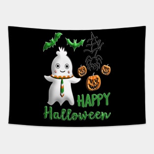 Pumpkin baby boy ghost Kawaii bat spider Happy Halloween violet orange black dots ribbon 3D tridimensional 318 Tapestry