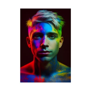 Luminous Beauty: A Portrait of a Man with Colorful Lights T-Shirt